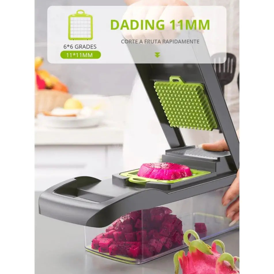 Cortador Fatiador Ralador Multiuso Cozinha Slicer Aço Inox Legumes Verduras Frutas Alimentos，Com cesto de drenagem e recipiente