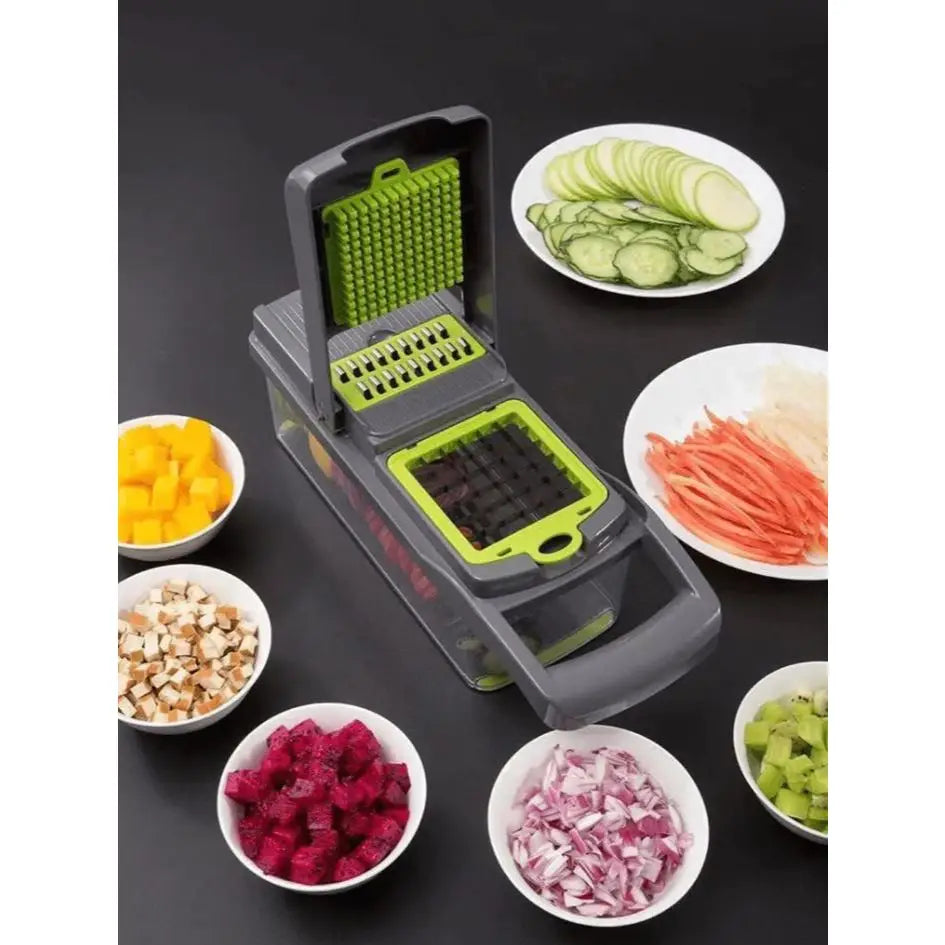 Cortador Fatiador Ralador Multiuso Cozinha Slicer Aço Inox Legumes Verduras Frutas Alimentos，Com cesto de drenagem e recipiente