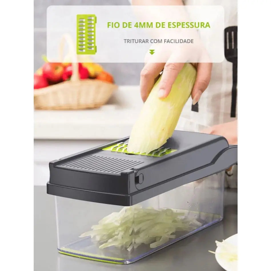 Cortador Fatiador Ralador Multiuso Cozinha Slicer Aço Inox Legumes Verduras Frutas Alimentos，Com cesto de drenagem e recipiente