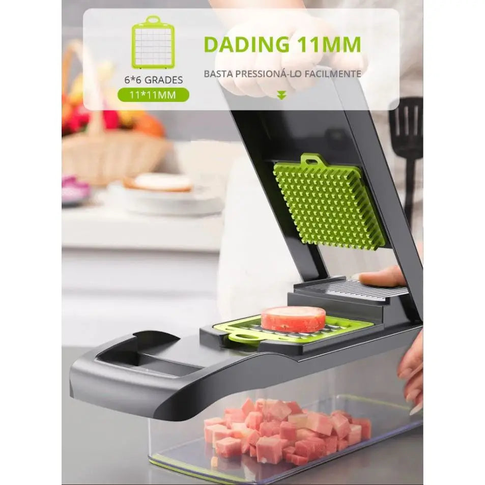 Cortador Fatiador Ralador Multiuso Cozinha Slicer Aço Inox Legumes Verduras Frutas Alimentos，Com cesto de drenagem e recipiente