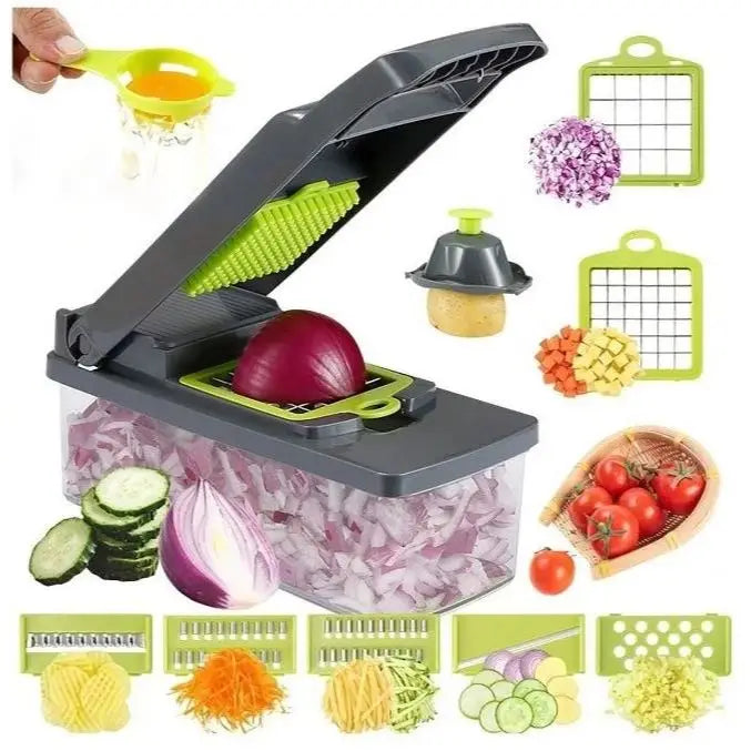 Cortador Fatiador Ralador Multiuso Cozinha Slicer Aço Inox Legumes Verduras Frutas Alimentos，Com cesto de drenagem e recipiente